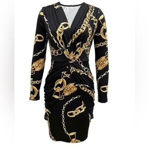 Baroque Chain print dress deep V neck long sleeve